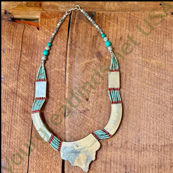 Tibetan Alpaca Silver Turquoise & Coral Mosaic Beaded Necklace - Picture 5 of 5